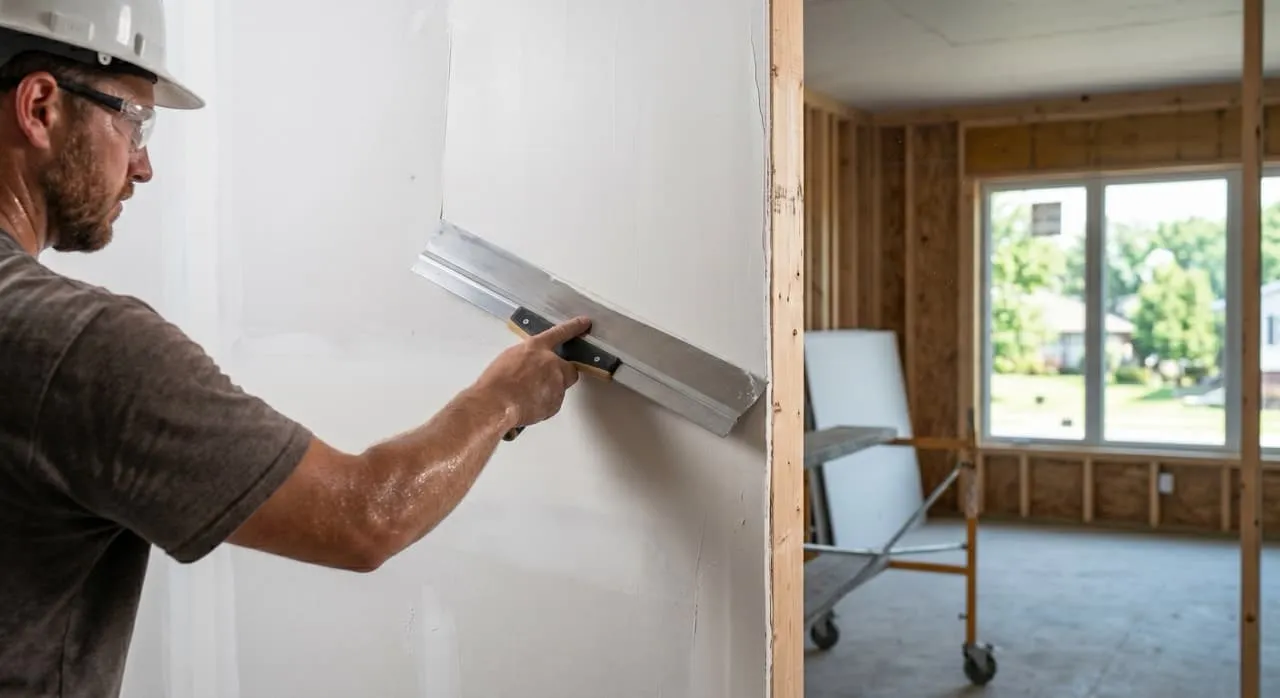 A plasterer applying a thin, continuous Level 5 skim coat of joint compound over an entire drywall surface using a wide skimming blade
