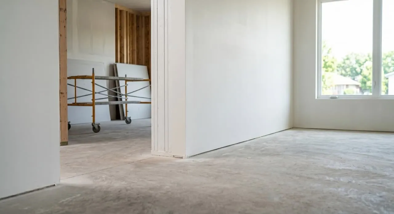 A clean, thoroughly vacuumed concrete subfloor in a newly drywalled room, free of dust and ready for underlayment installation