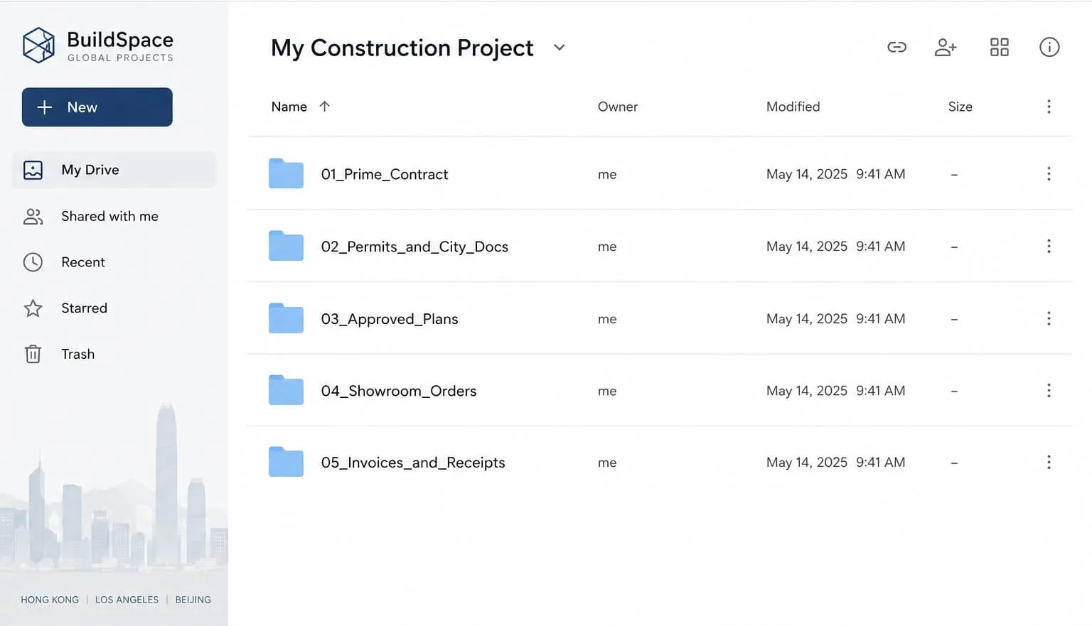 Well-organized cloud storage folder structure showing folders labeled 01_Prime_Contract, 02_Permits_and_City_Docs, 03_Approved_Plans, 04_Showroom_Orders, and 05_Invoices_and_Receipts
