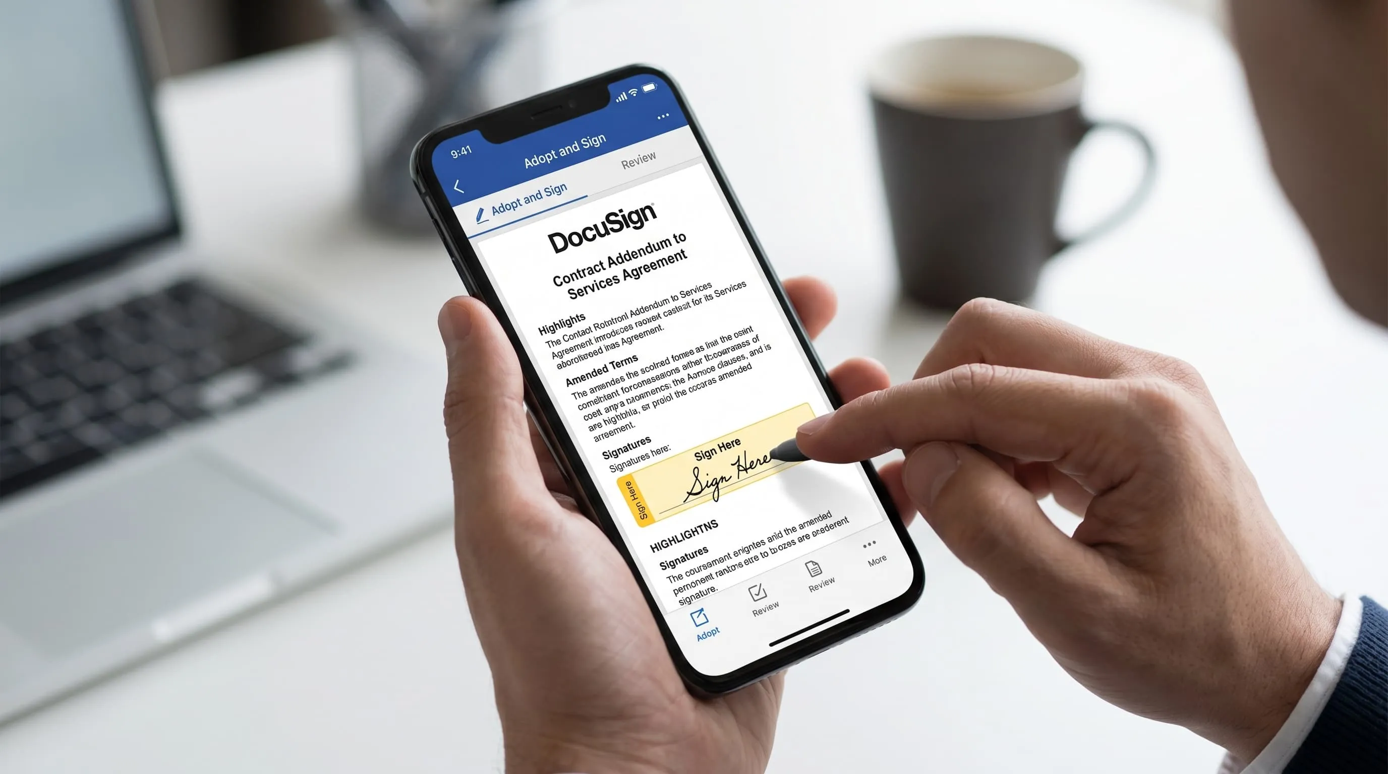 Digital signature interface showing a contract addendum being signed on a mobile device from abroad