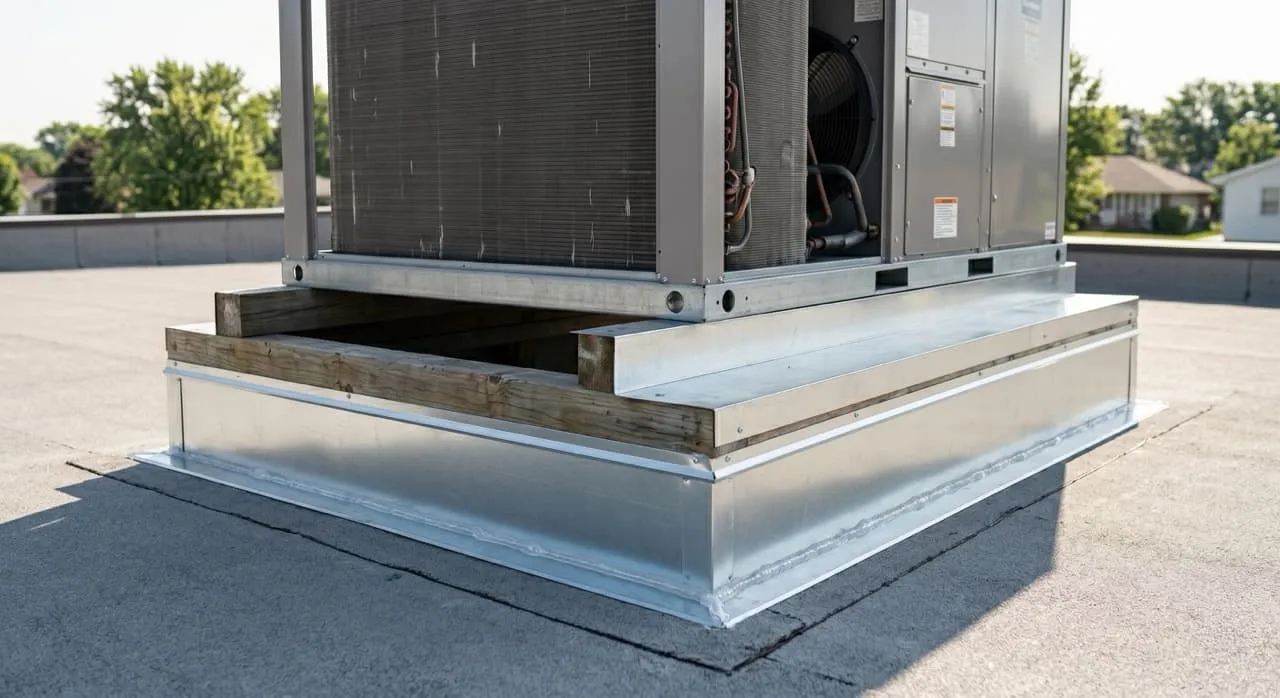 Rooftop package HVAC unit sitting on a raised wooden curb with metal flashing sealing the base to the roof membrane