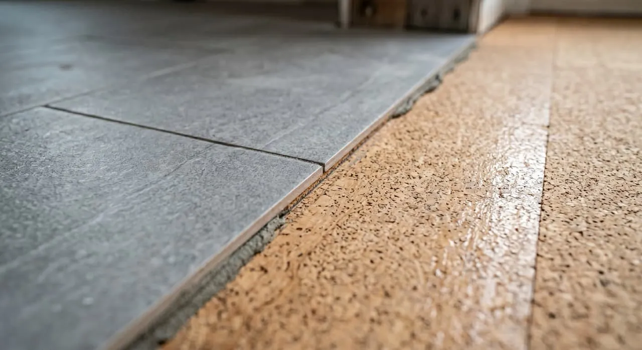 Cork underlayment sheets glued flush to the subfloor directly adjacent to grey porcelain bathroom tiles, showing the height-matched transition before flooring installation