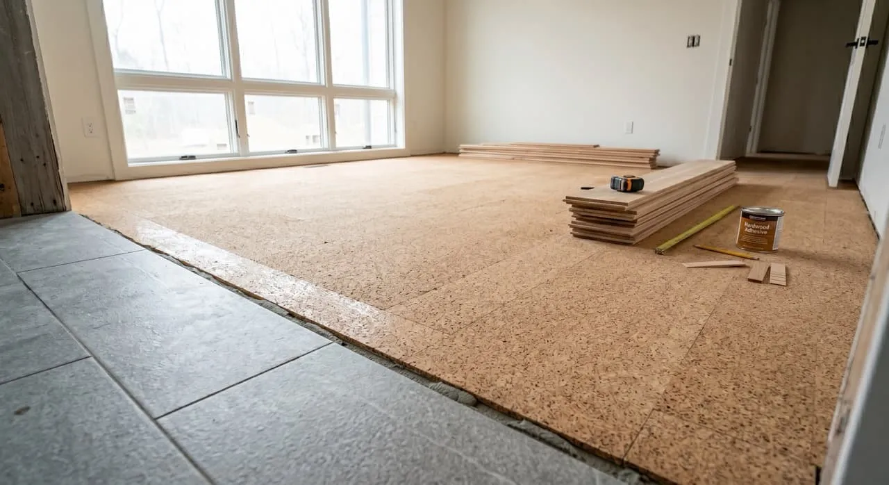 Spacious bedroom subfloor covered in neatly joined tan cork underlayment sheets, glued flat and ready for hardwood installation