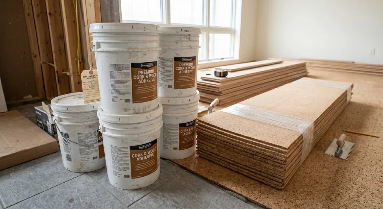Stacked buckets of premium flooring adhesive next to a pile of cork underlayment sheets on the job site