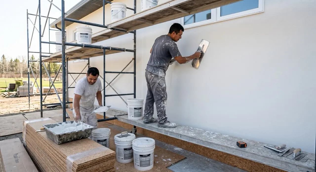 Plasterers on scaffolding applying a smooth final finish coat of LaHabra Glacier White stucco to a residential exterior wall using steel trowels in bright natural daylight