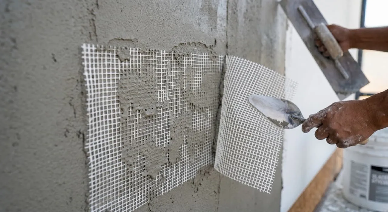 White fiberglass poly-bond anti-crack mesh partially embedded in a wet grey cement plaster coat on an exterior wall, showing the mesh texture before the final colored finish coat is applied