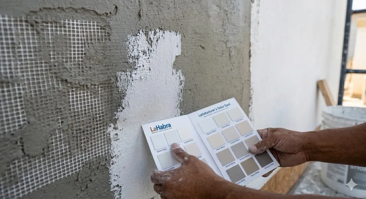 LaHabra color card held next to cured 12x12 Glacier White and Crystal White stucco mock-up samples on an exterior wall, compared in natural sunlight to verify the color match