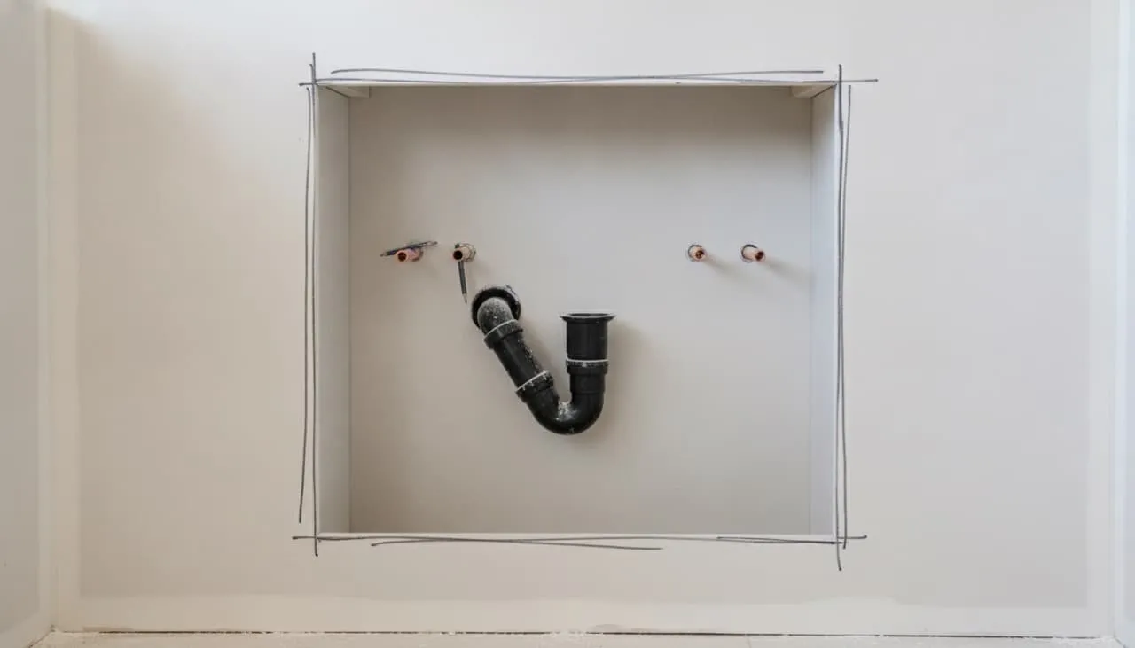 Hand-drawn tape markings on kitchen drywall showing the mismatch between the custom cabinet box outline and rough-in plumbing lines