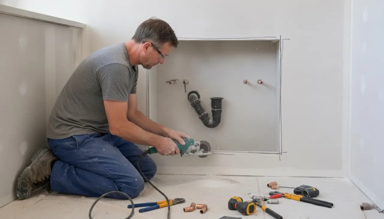 Plumber cutting into finished drywall to relocate in-wall copper supply lines and drain pipe to align with cabinet openings