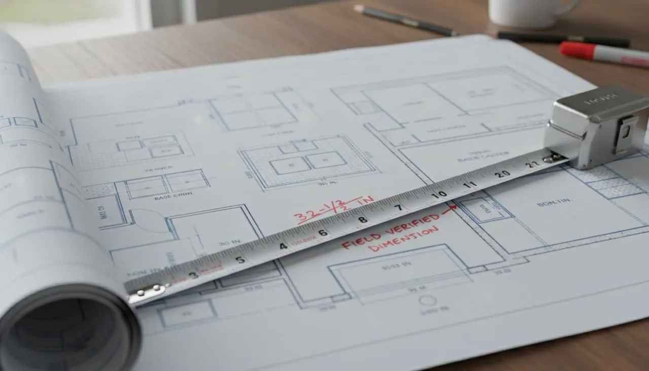 Cabinet design blueprint lying on a desk with a metal tape measure showing the difference between design dimensions and actual on-site measurements