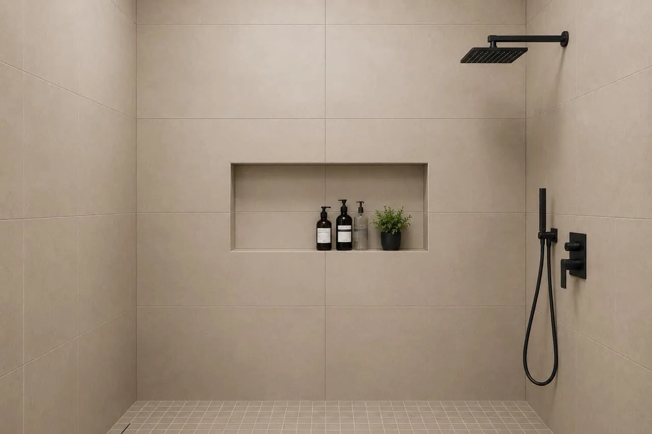 Completed master shower wall with perfectly centered grout lines running continuously through a built-in shampoo niche