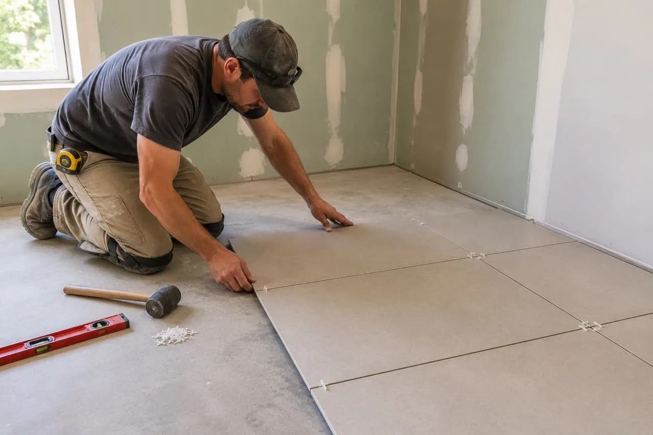 Tile installer dry-laying large-format floor tiles on a concrete subfloor to check corner cuts and spacing before installation