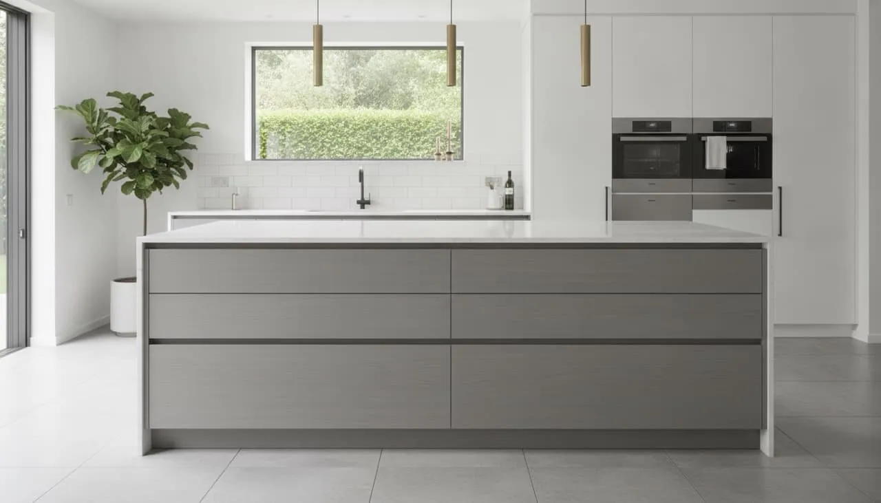 Satin grey wood veneer grain running continuously across the central kitchen island drawer fronts