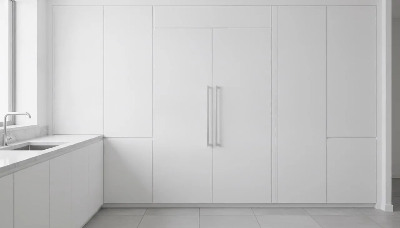 Flush built-in refrigerator paneled seamlessly into surrounding custom satin-white flat-panel cabinet run