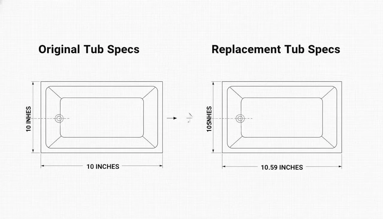 Technical specification sheets comparing drain-to-edge offset measurements of the original tub versus the replacement model