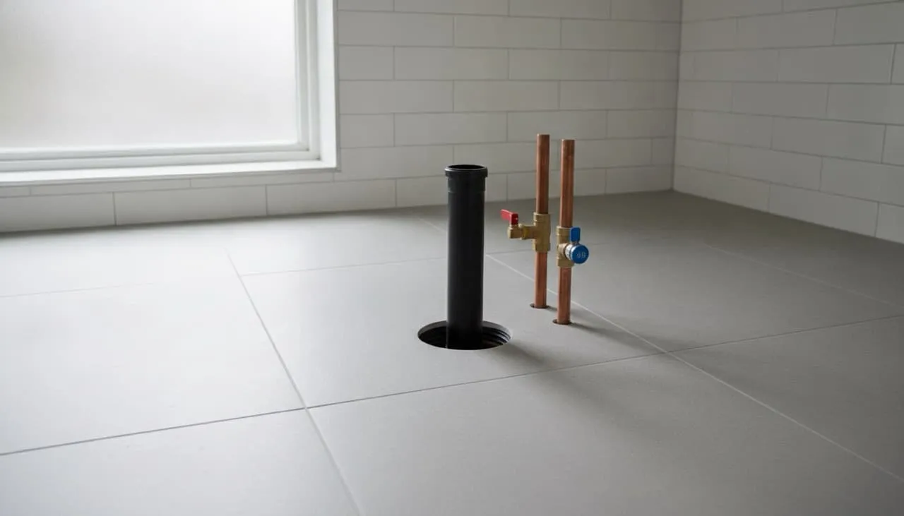 Master bathroom finished floor tiles with plumbing drain pipe and tub filler supply lines protruding before freestanding tub installation
