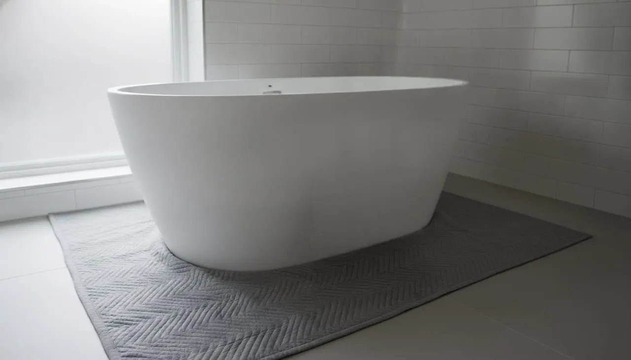 New white solid-surface freestanding bathtub delivered and positioned in the master bathroom on December 23, 2025, ready for final plumbing connection