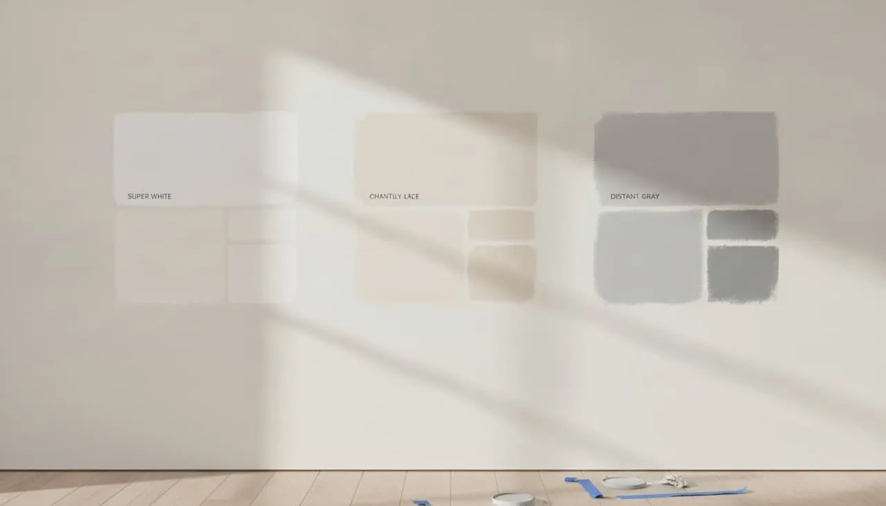 White and light gray paint swatches (Super White, Distant Gray, Chantilly Lace) applied side by side on drywall walls under natural afternoon daylight