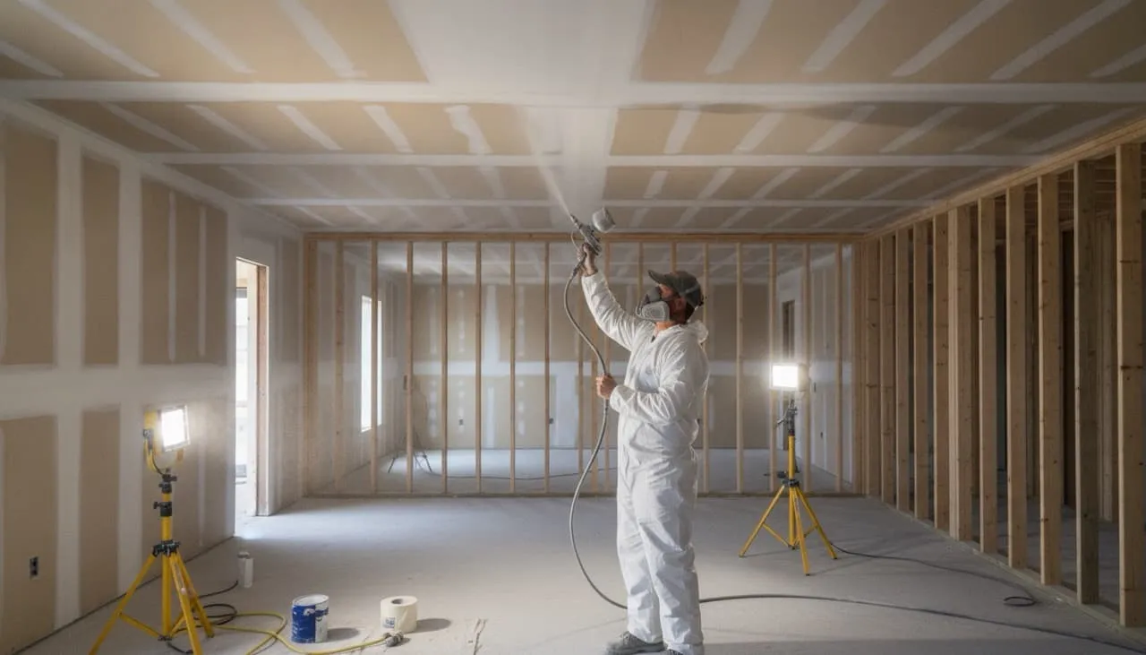 Professional painter in a respirator mask using an airless sprayer to apply a uniform primer coat to a newly drywalled ceiling inside a home under construction
