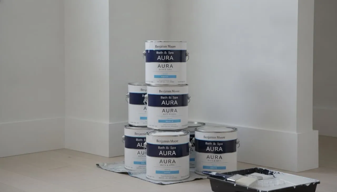 Benjamin Moore Aura Bath & Spa paint cans stacked on a wooden floor on site next to finished smooth matte white bathroom walls