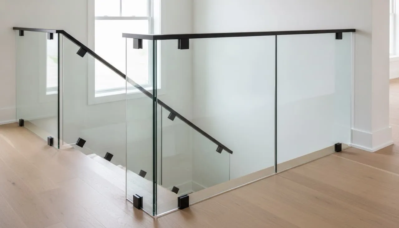 Modern open-tread staircase with thick clear tempered glass panels and a matte black rectangular handrail with square metal brackets