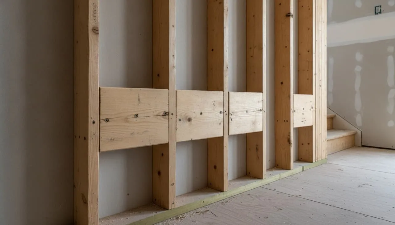 Open stairwell wall framing showing solid 2x12 wood block backing installed between studs to anchor future glass railing mounting brackets