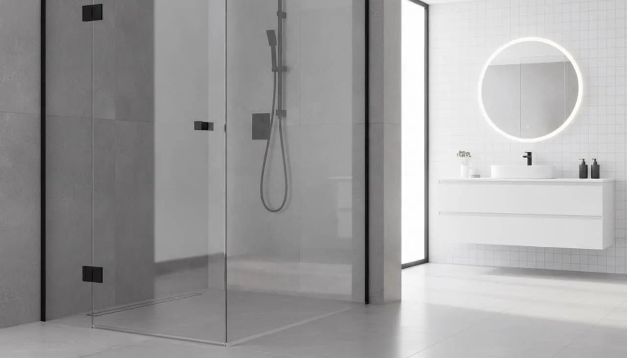 Master bathroom frameless glass shower door mounted with matte black square hinge clips and low-profile translucent polycarbonate water seals along the edge