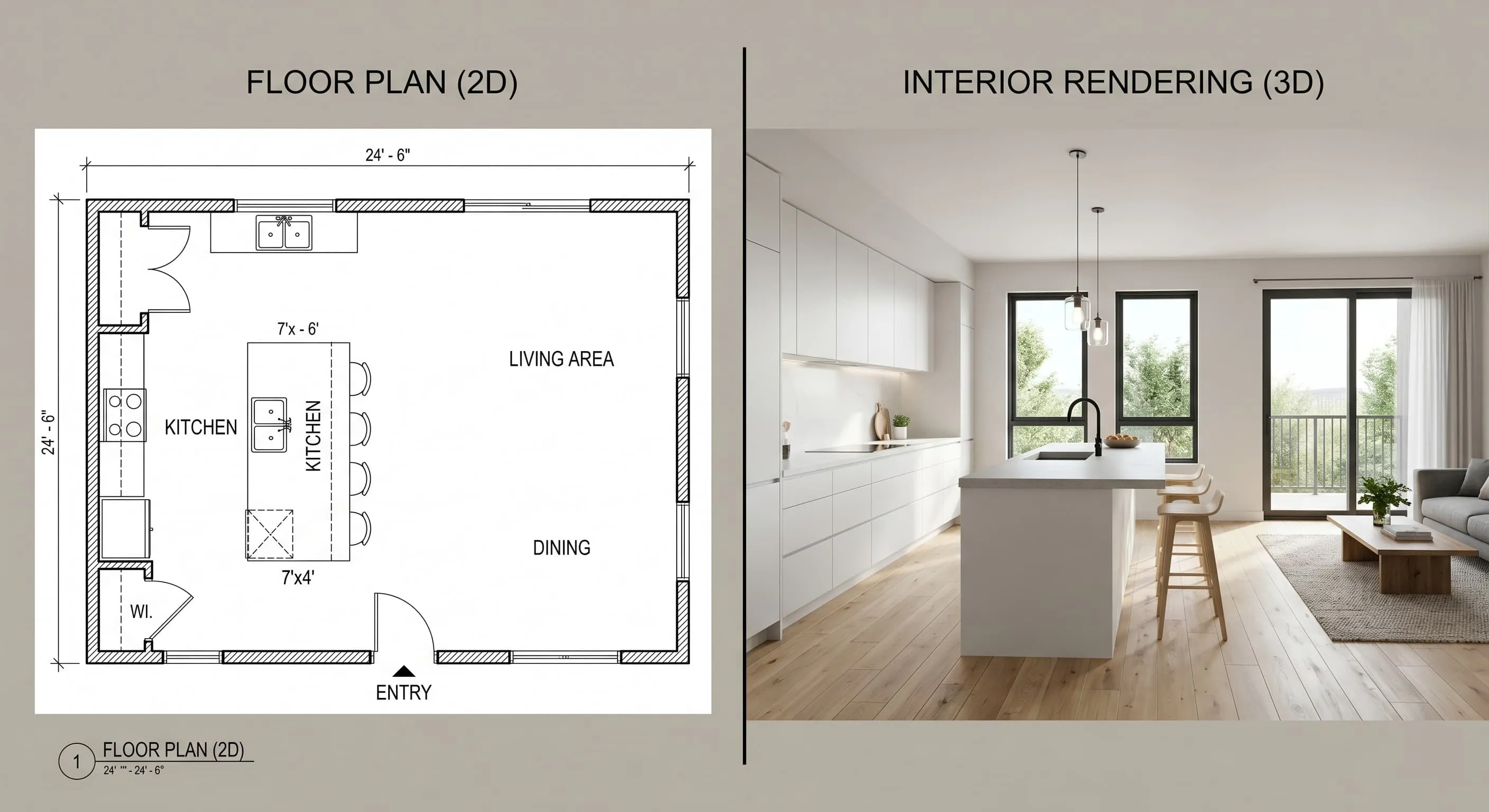 Side-by-side comparison of a flat 2D floor plan next to its corresponding fully furnished 3D color rendering of an open-concept kitchen and living area