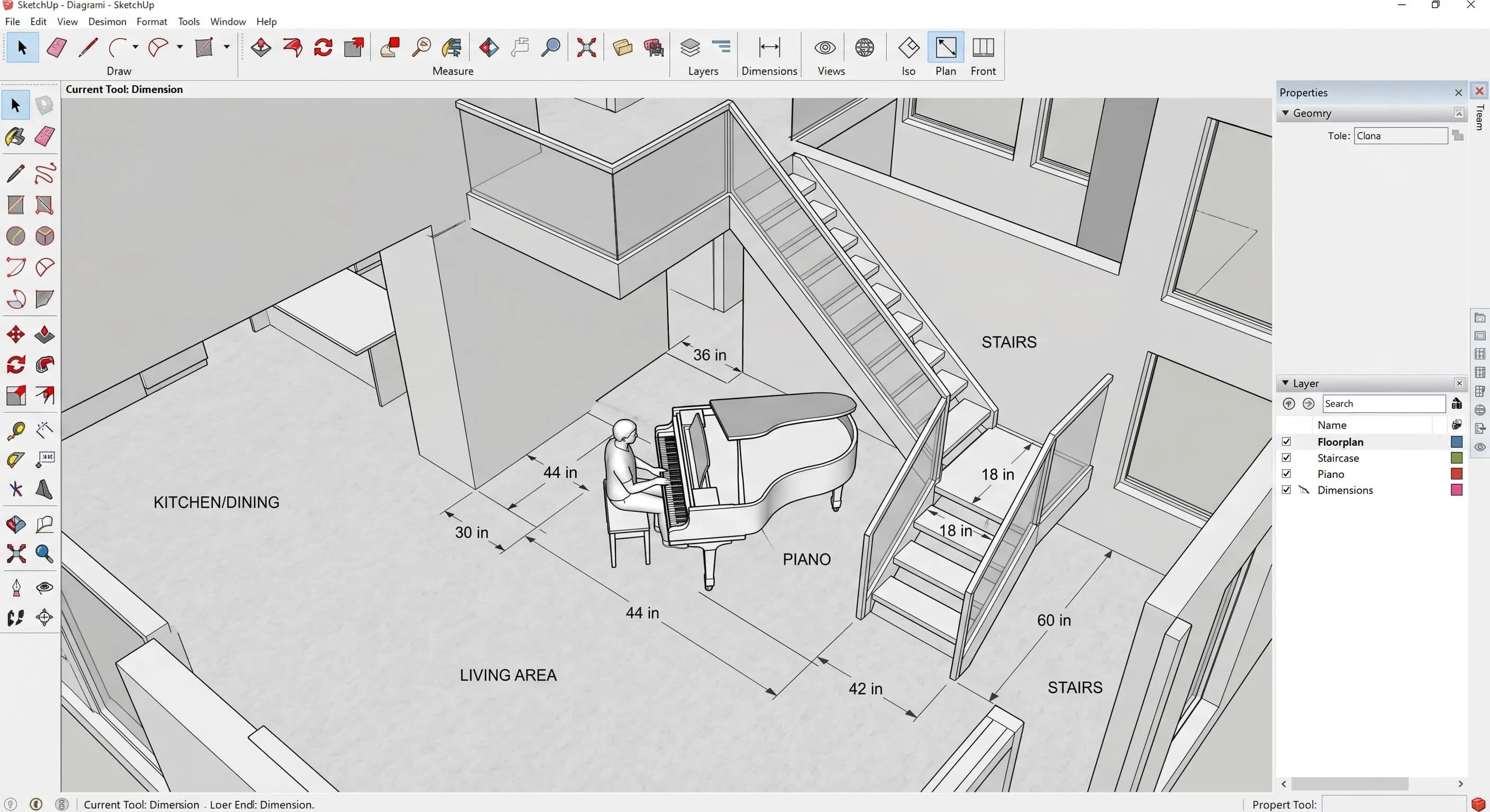 3D model screenshot showing the precise placement of a grand piano and staircase with calculated walkway clearances labeled in inches to ensure comfortable traffic flow