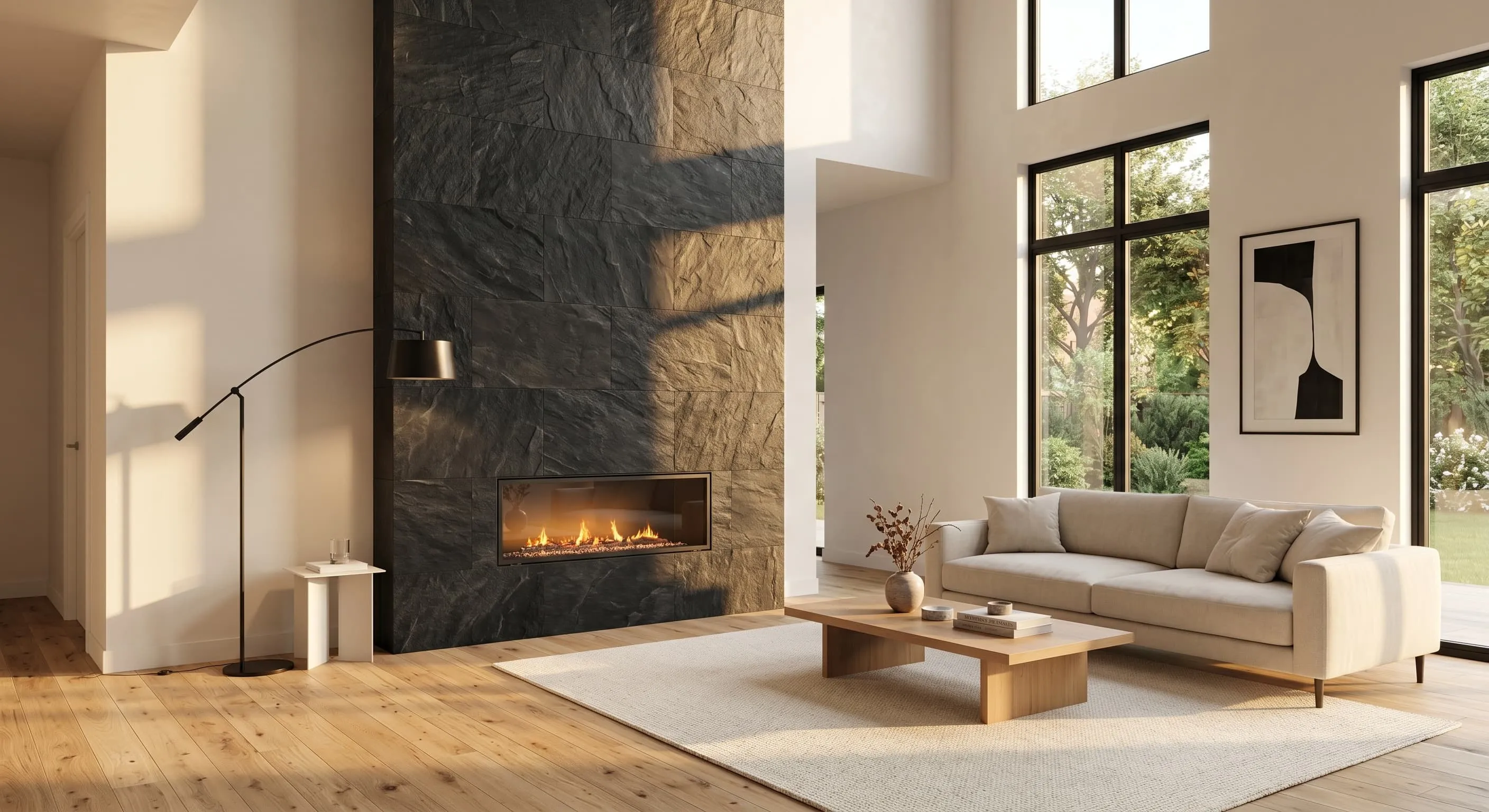 Interior 3D rendering showing a living room fireplace accent wall and adjacent window layout, verifying visual balance under simulated afternoon light