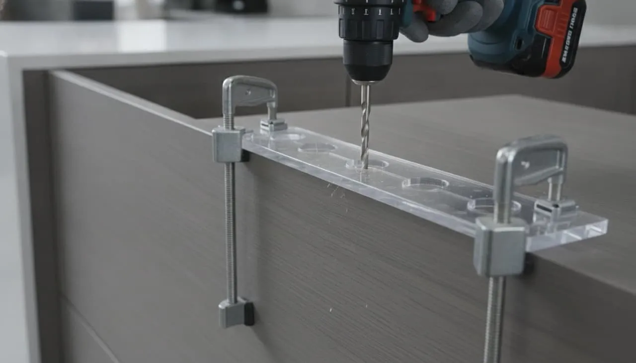 Rigid plastic drilling template clamped over a custom satin-grey cabinet drawer front, guiding a drill bit for precise hardware hole placement