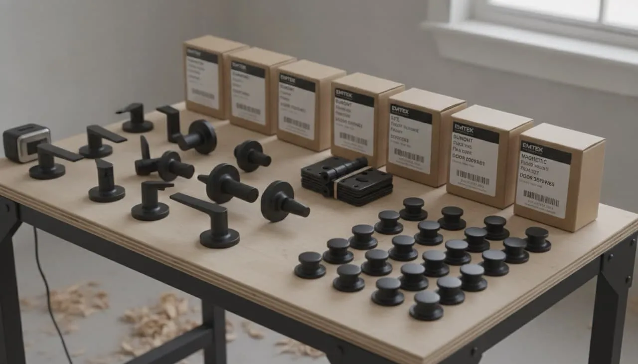 Unboxed Emtek Dumont door levers, matching matte black hinges, and 18 magnetic door stoppers sorted and stacked neatly on a work table on site