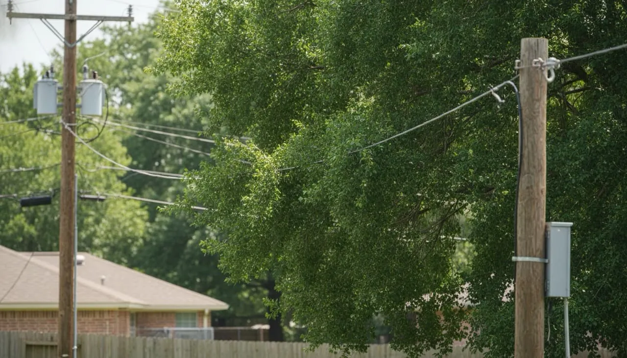 Dense tree branches growing close to the temporary construction power wire before tree-trimming clearance