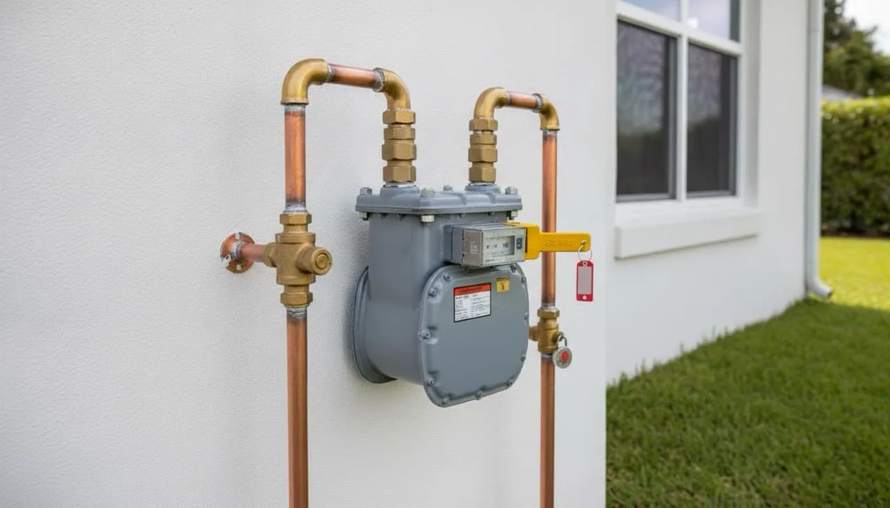 Newly installed active residential gas meter mounted to white stucco wall with copper and steel gas lines connected on January 15, 2026