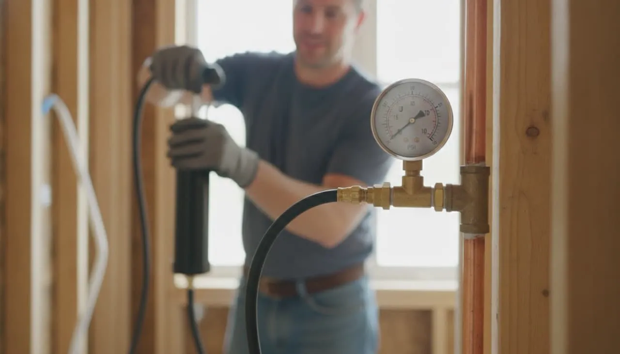 Plumber using an air pressure pump and dial gauge at 15 PSI to perform a final safety leak check on the residential gas line manifold