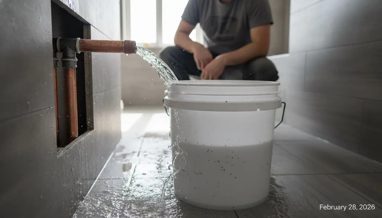 Plumber flushing raw water lines at full pressure out of an open master shower valve into a bucket to clear solder and pipe debris before finishing trim