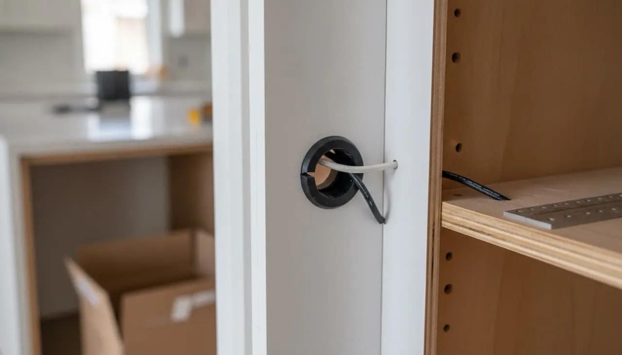 Custom refrigerator cabinet opening with a cleanly drilled hole and black plastic protective grommet installed for water line access