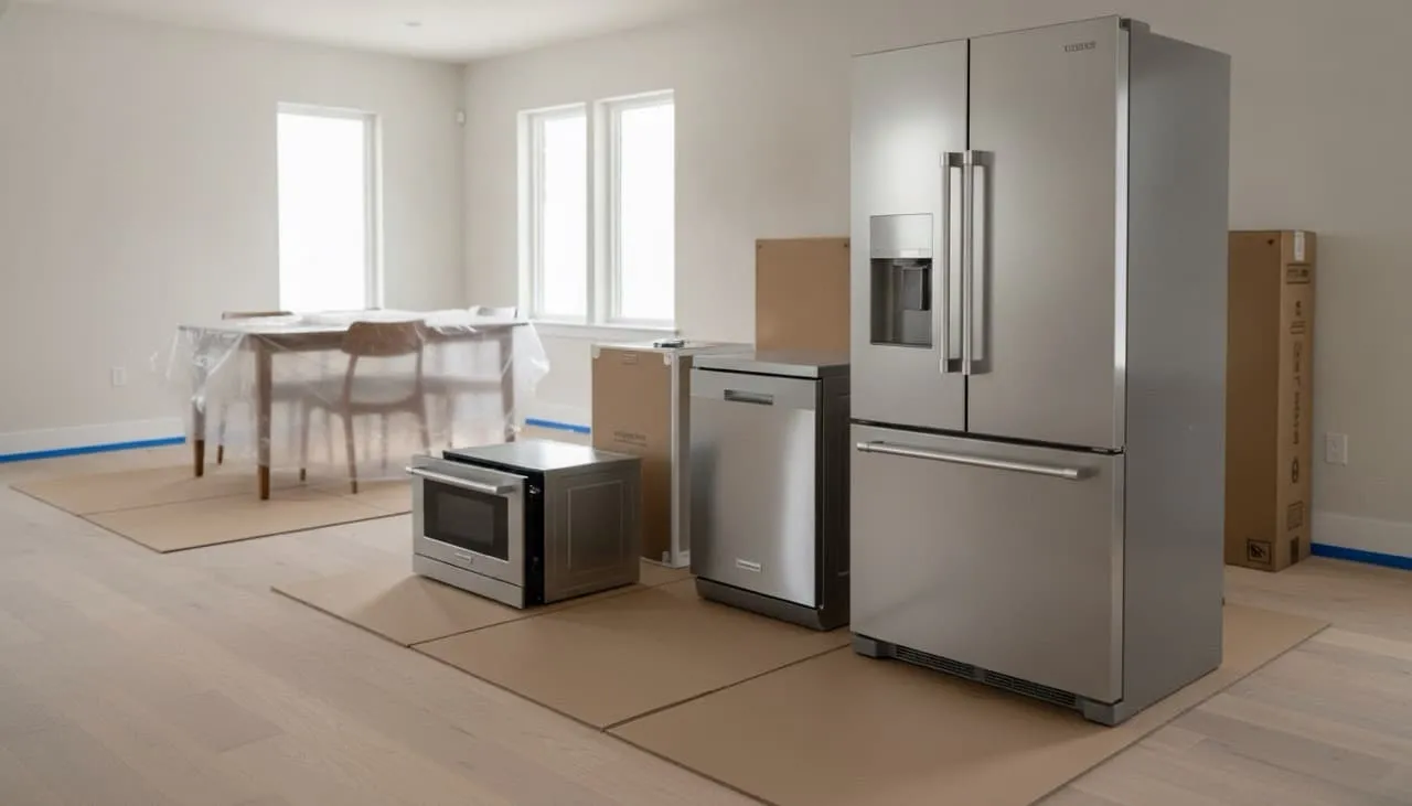 Brand-new built-in refrigerator, dishwasher, and microwave drawer unboxed and resting uninstalled on protective cardboard sheets in the living room on delivery day