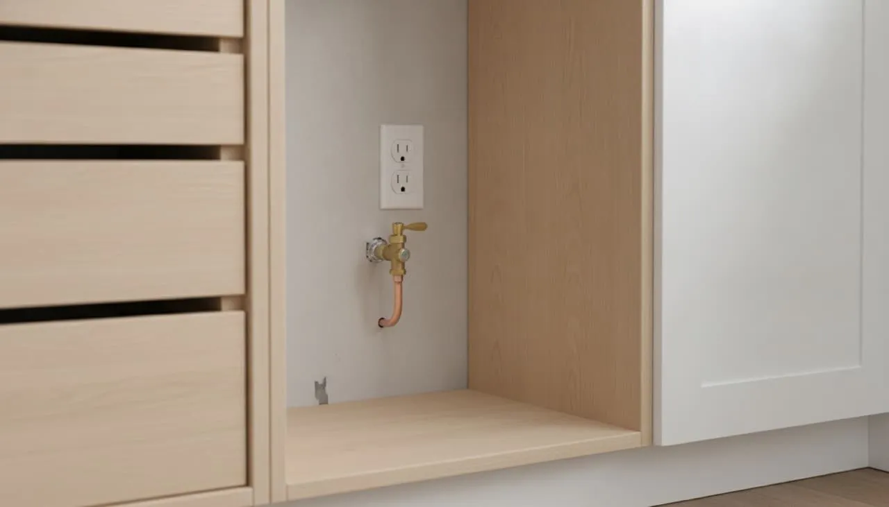 Copper water line and electrical outlet mounted inside a recessed opening behind the adjacent cabinet drawer frame, allowing the built-in refrigerator to sit completely flush
