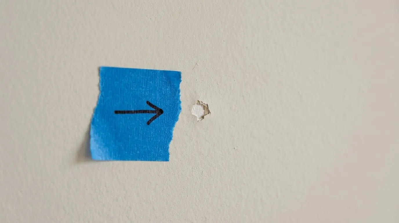 Blue painter's tape marking a minor paint chip blemish on a white interior drywall wall during a punch list inspection