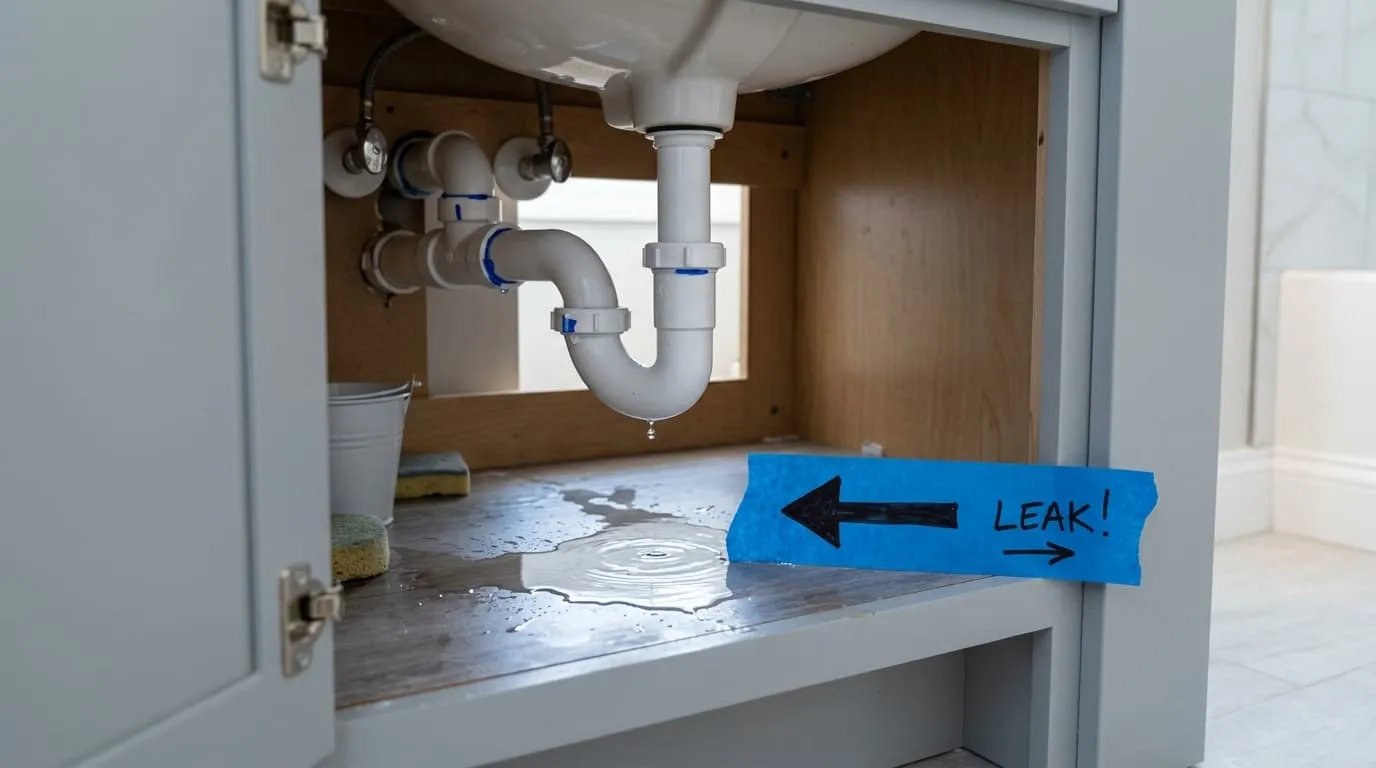 Blue painter's tape inside a bathroom vanity cabinet pointing to a small puddle of water beneath the sink's plumbing trap connections