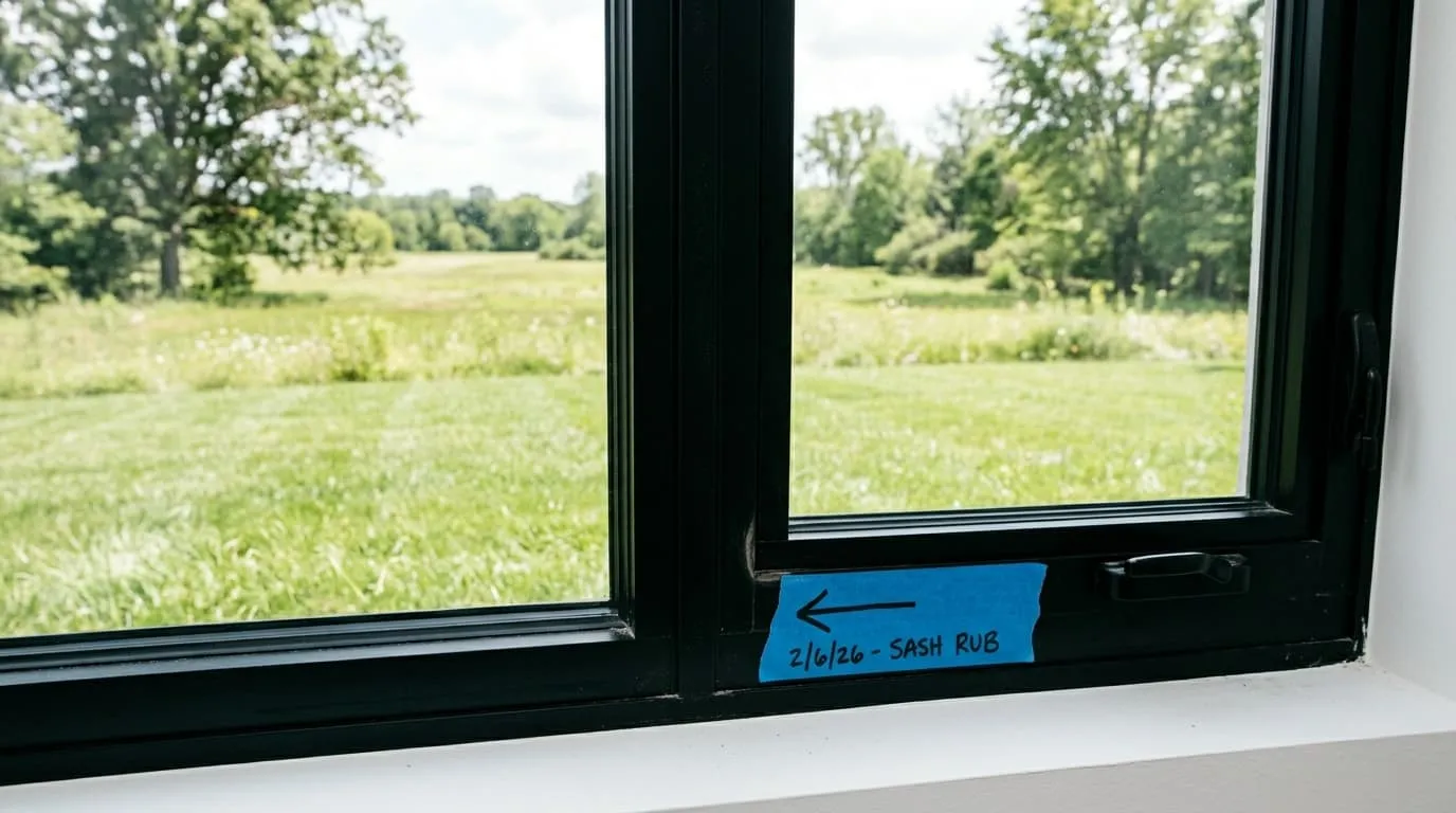 Blue painter's tape on a black window frame marking where the window sash rubbed against the outer frame when closing