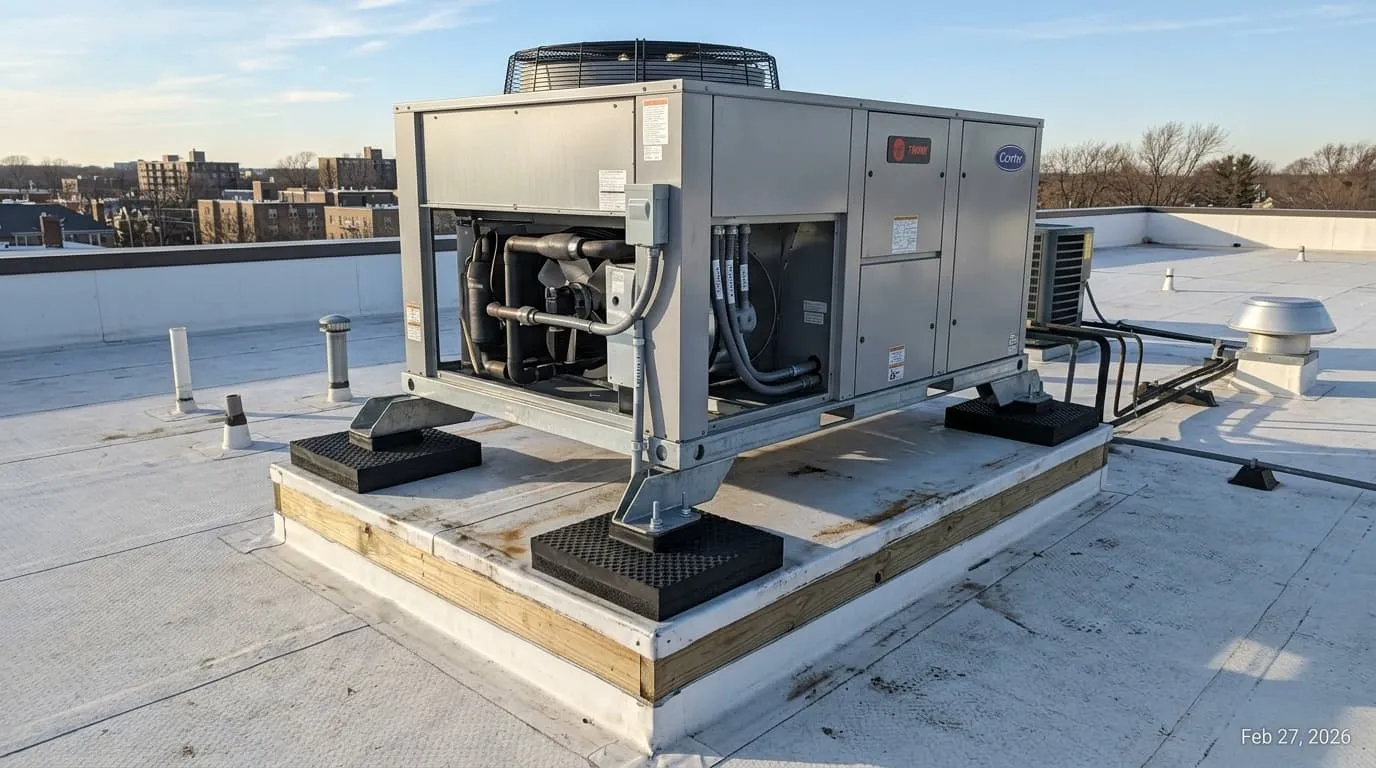Rooftop package HVAC unit resting on high-density rubber vibration isolation pads installed beneath the support frame