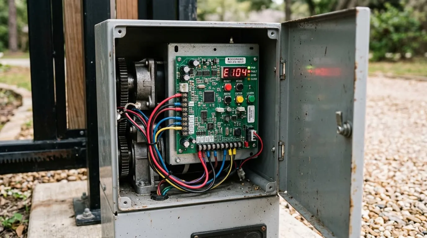 Automated sliding driveway gate motor control panel open showing the electronic board with diagnostic LEDs during a hard reset