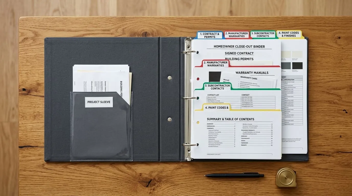Organized homeowner close-out binder open on a table showing labeled tab dividers for contracts, warranties, subcontractor contacts, and paint codes