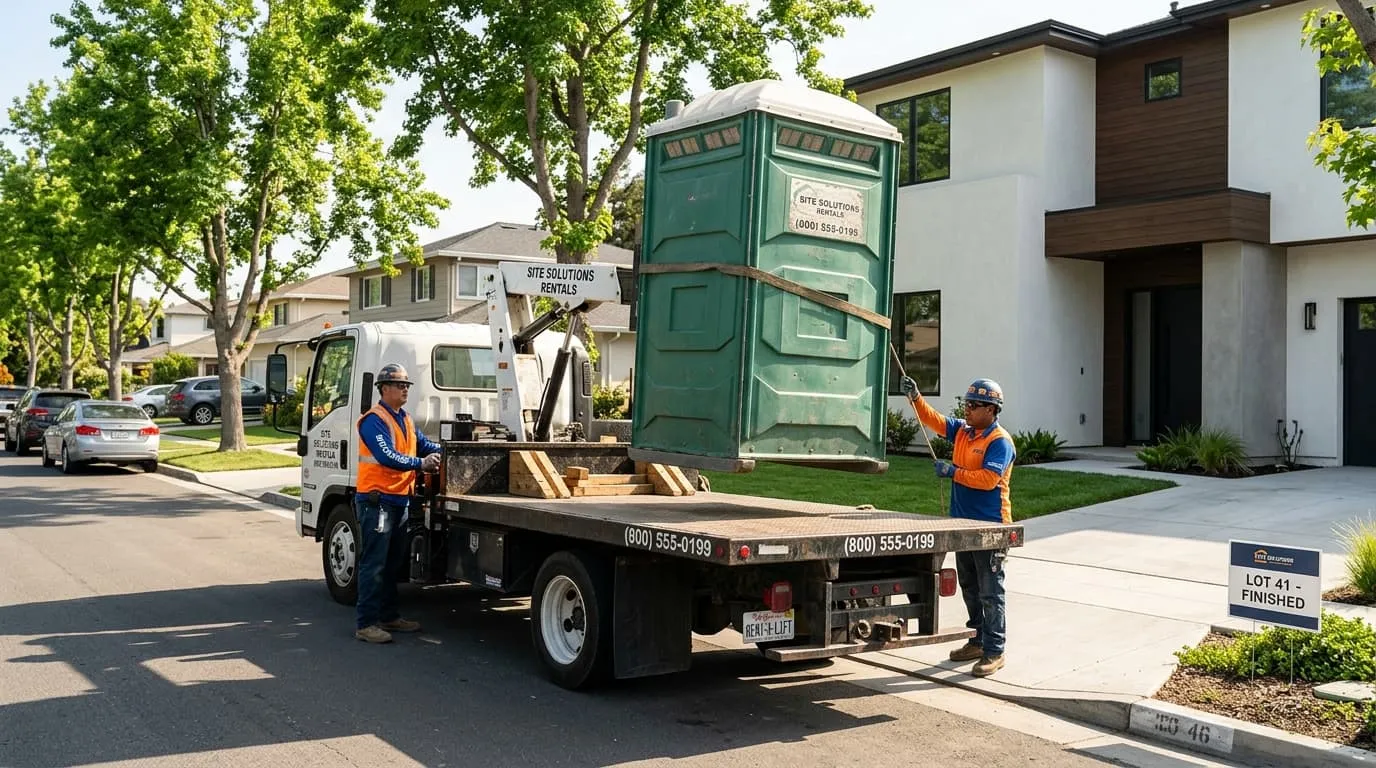 Flatbed utility truck at the curb lifting the temporary site porta-potty onto its truck bed, marking the symbolic end of construction