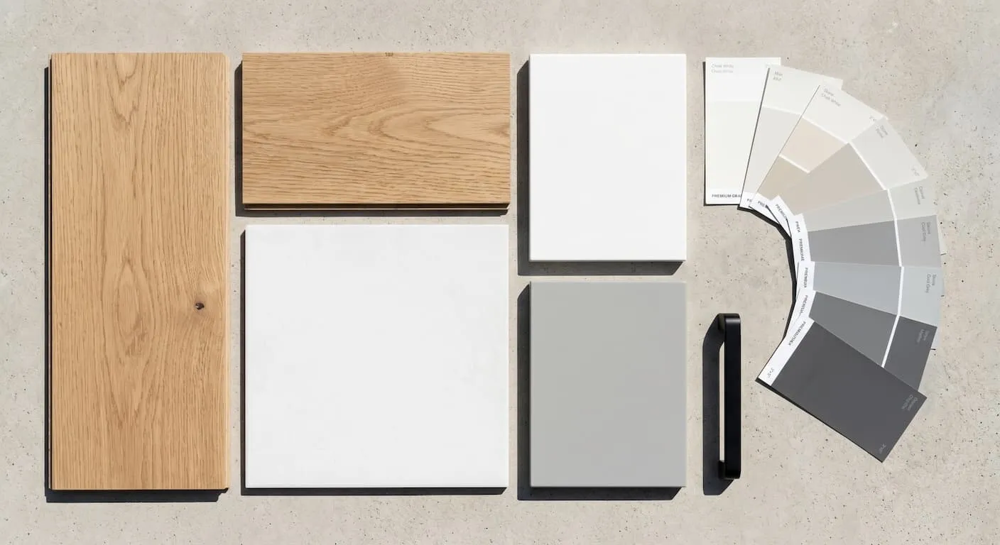 Physical material samples including wide-plank light wood flooring, matte white tiles, satin cabinet swatches, and paint cards grouped together under natural daylight
