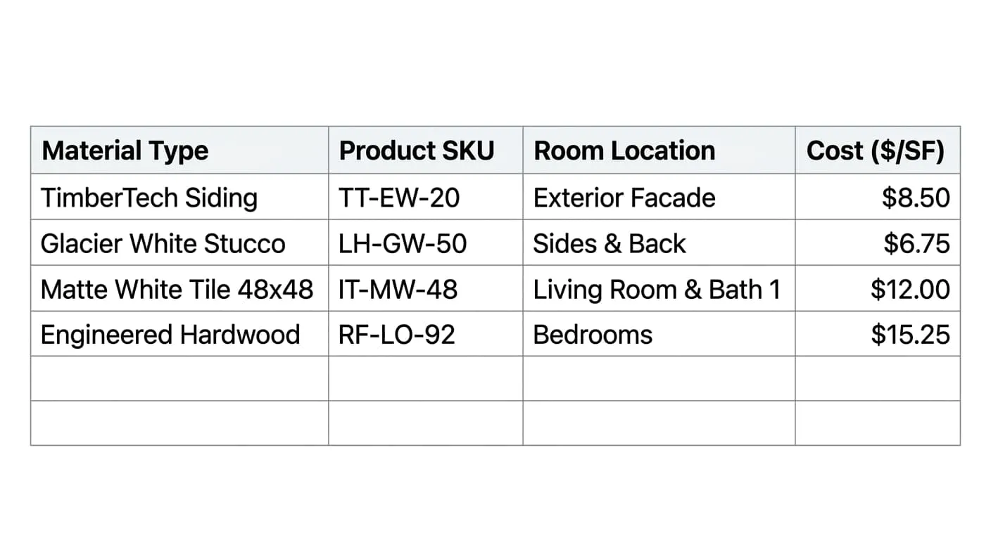 Structured digital selection log sheet tracking material types, product SKUs, room locations, and cost per square foot