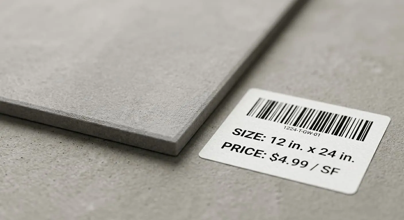 Close-up of a selected bathroom tile sample next to its manufacturer barcode label, price tag, and dimensions for ordering verification