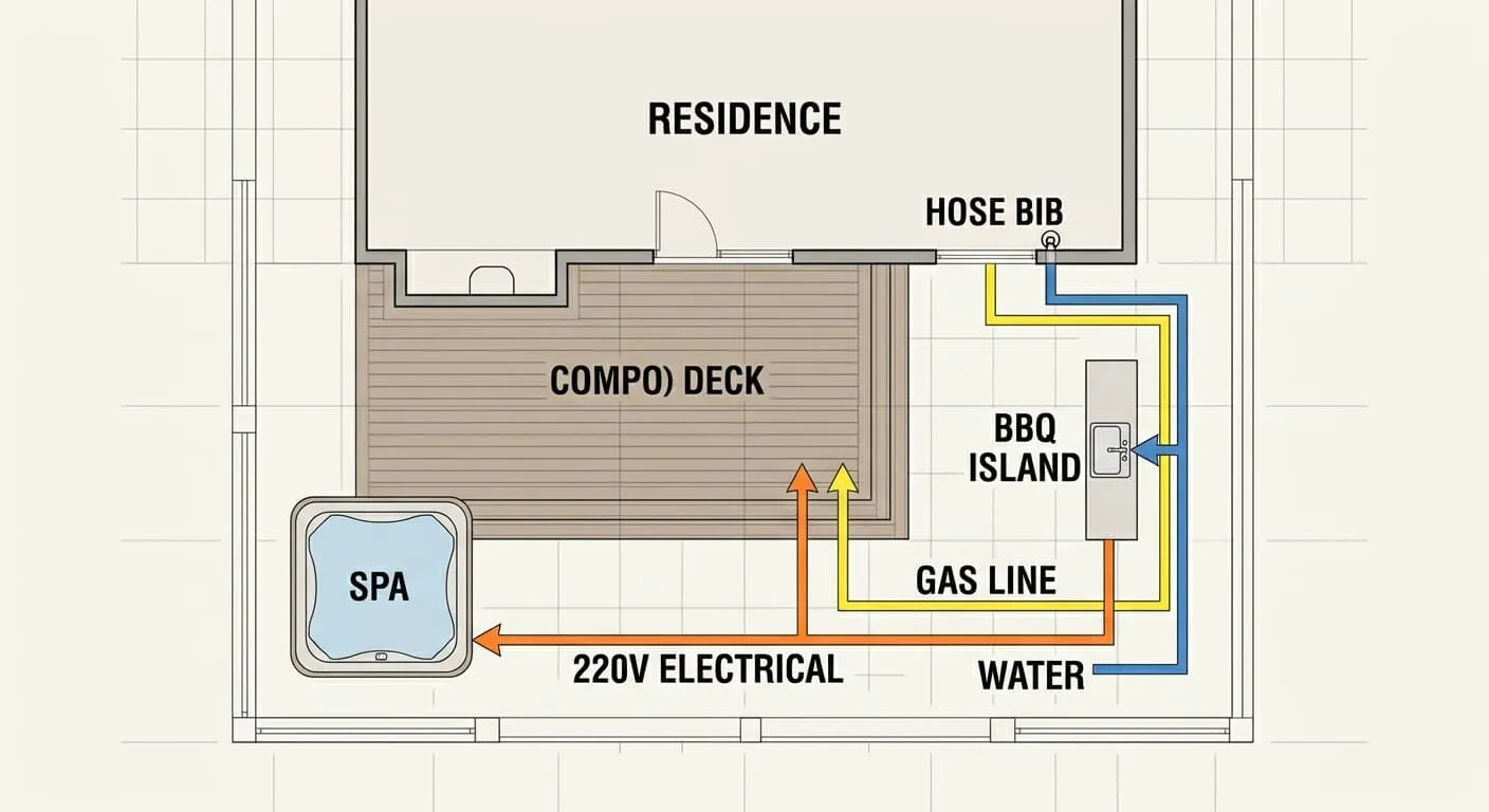 Backyard utility schematic showing color-coded underground gas, water, drainage, and electrical lines routed from the main service panel to the deck, BBQ island, and spa locations